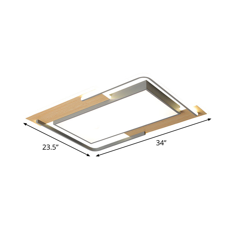 Living Room LED Ceiling Light Modern Grey-Wood Flush Mount Lamp with Pieced Rectangle Acrylic Shade, Warm/White Light