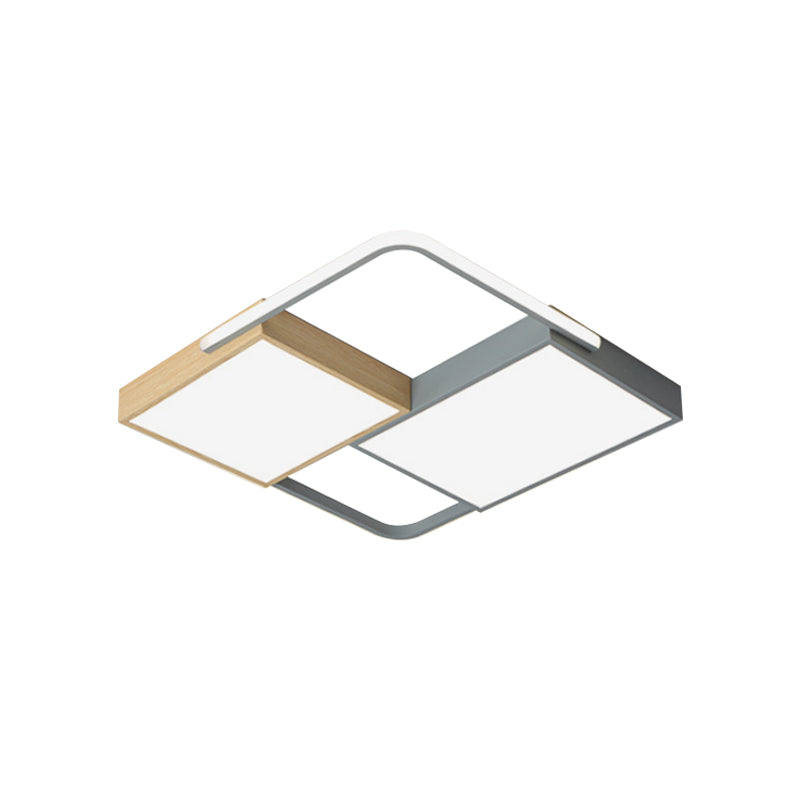 20.5"/34" Wide Nordic LED Ceiling Light Acrylic Grey and Wood Square/Rectangle Flush Mount with Grid Design, Warm/White Light