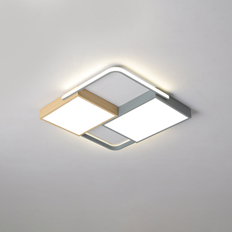 20.5"/34" Wide Nordic LED Ceiling Light Acrylic Grey and Wood Square/Rectangle Flush Mount with Grid Design, Warm/White Light