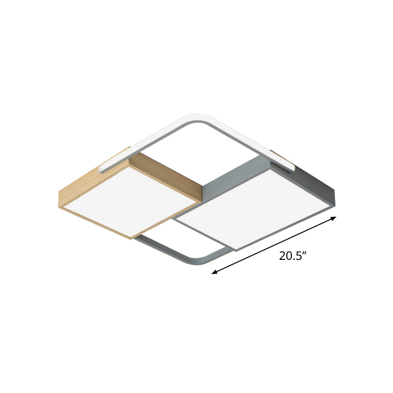20.5"/34" Wide Nordic LED Ceiling Light Acrylic Grey and Wood Square/Rectangle Flush Mount with Grid Design, Warm/White Light