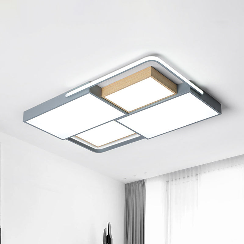 20.5"/34" Wide Nordic LED Ceiling Light Acrylic Grey and Wood Square/Rectangle Flush Mount with Grid Design, Warm/White Light