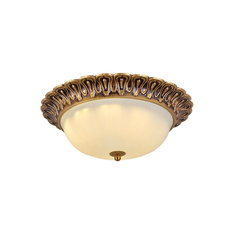 Minimalist Bowl Shaped Flushmount 2/3 Lights White Cloud Glass Ceiling Lighting Fixture with Brass Scalloped Trim