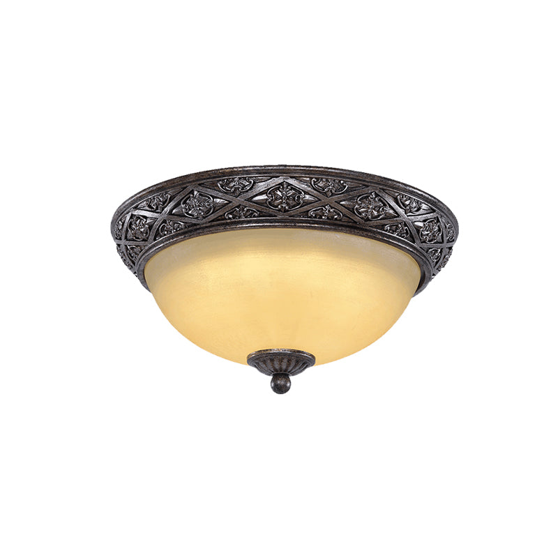 2 Bulbs Close to Ceiling Light Traditional Carved Floral Patterned Dome Frosted Glass Flush Mount in Black
