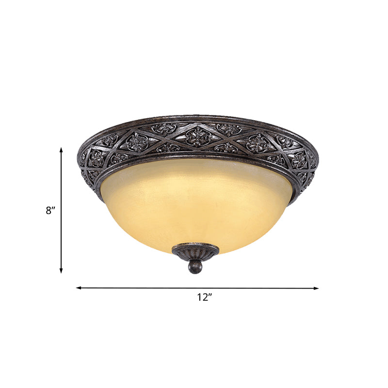 2 Bulbs Close to Ceiling Light Traditional Carved Floral Patterned Dome Frosted Glass Flush Mount in Black
