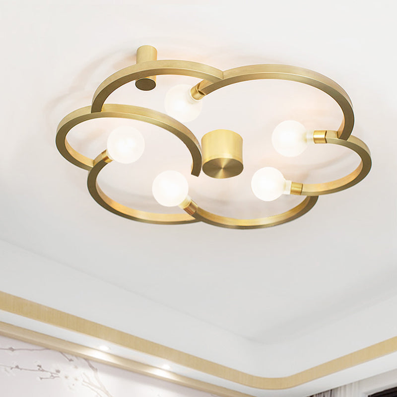 Vintage Bare Bulb Semi Flush 5 Bulbs Iron Flush Mount Light Fixture in Black/Gold with Flower Cage for Bedroom