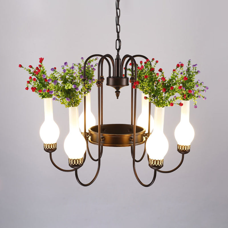 Loft Vase Chandelier Light Fixture 6 Heads Opal Glass Pendant Lamp in Black with Artificial Plant