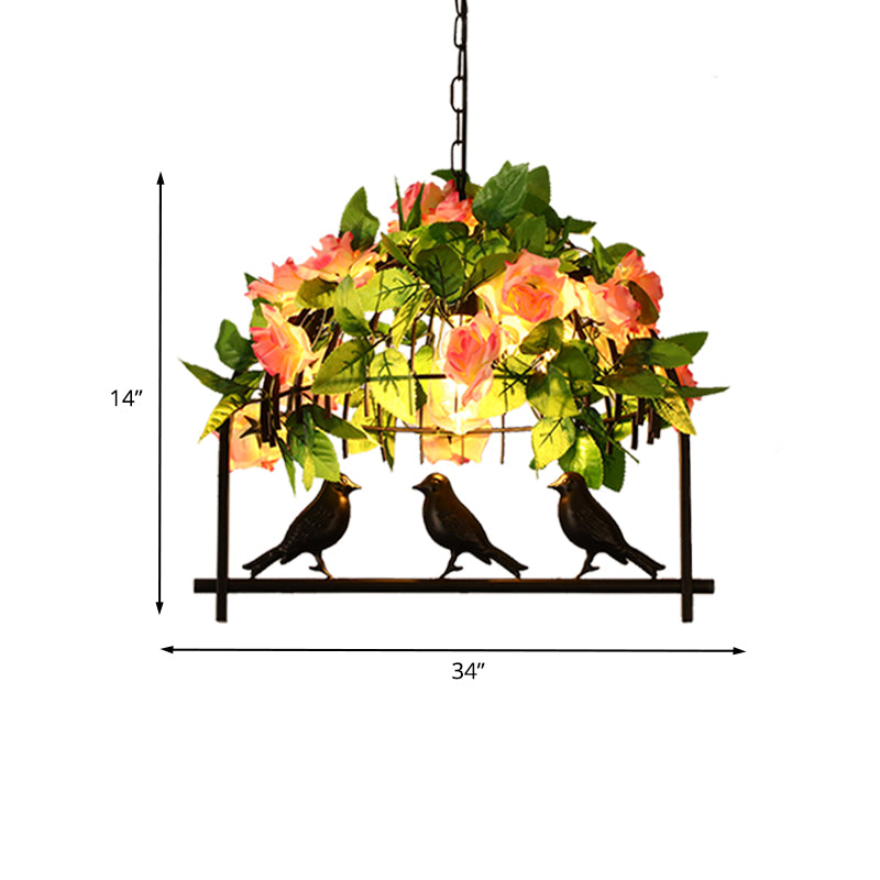 Industrial Birdcage Island Light Fixture 1/3-Light Iron Down Lighting Pendant in Black with Rose Decoration