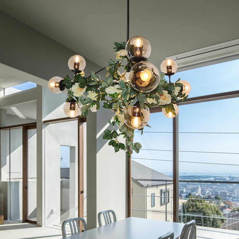 10/14-Bulb Island Pendant Industrial Globe Smoke Gray Glass Hanging Light in Black with Geometric Cage