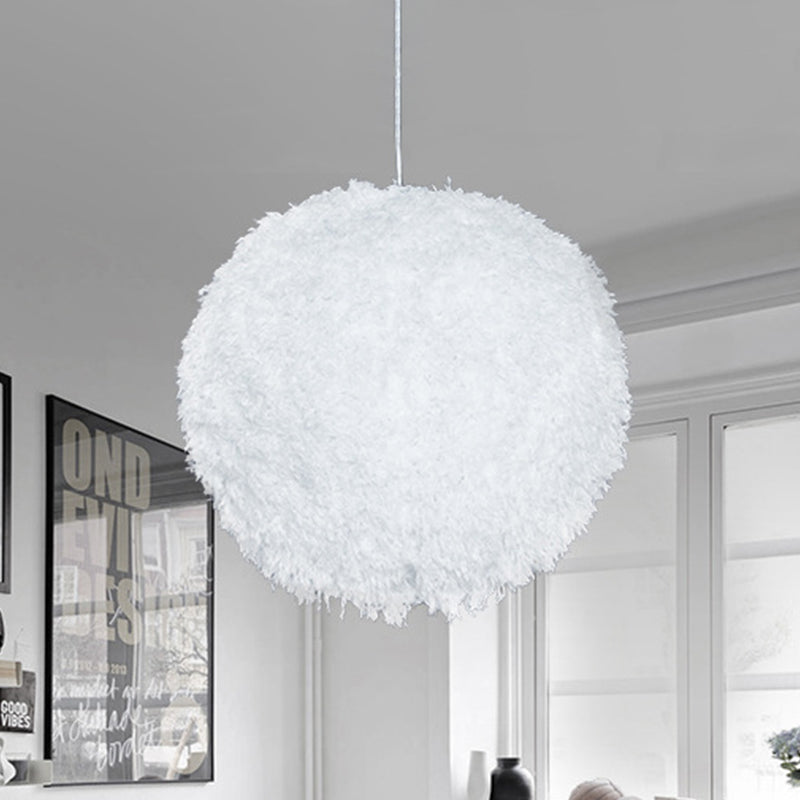 White Plush Globe Hanging Lamp Modern Vogue 1 Head Fabric Suspension Lighting for Bedroom, 8"/12" Dia