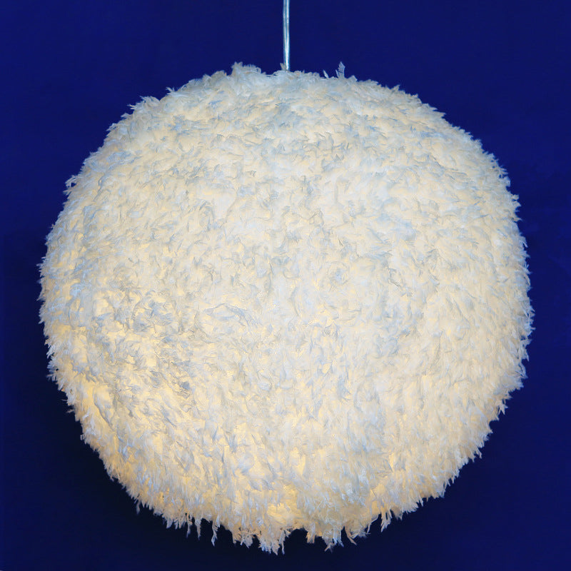 White Plush Globe Hanging Lamp Modern Vogue 1 Head Fabric Suspension Lighting for Bedroom, 8"/12" Dia
