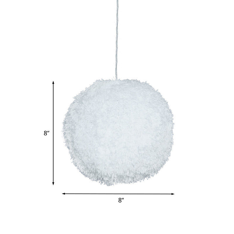 White Plush Globe Hanging Lamp Modern Vogue 1 Head Fabric Suspension Lighting for Bedroom, 8"/12" Dia