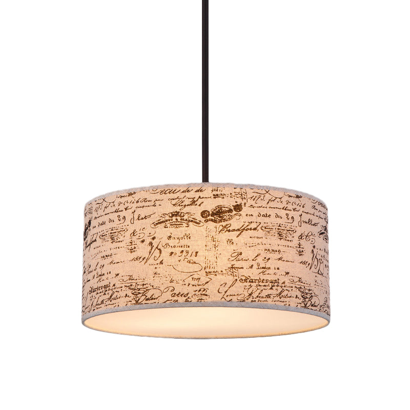 12"/16" Dia Modern Single Hanging Pendant Flaxen Drum Shaped Suspension Lighting with Script Lamp Shade