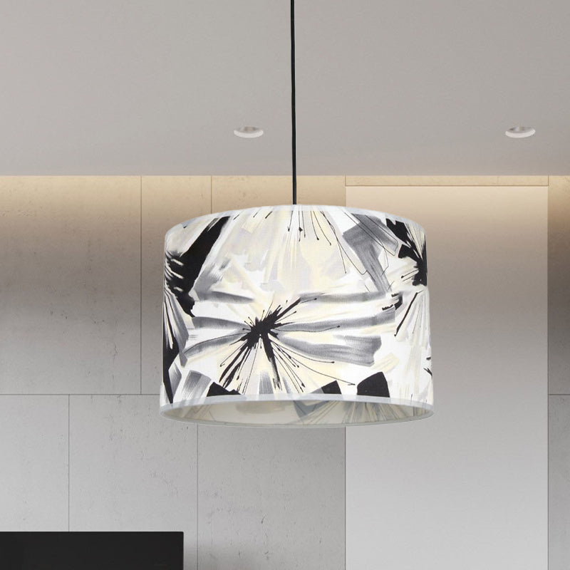 Printed Fabric Drum Shade Pendulum Light Contemporary 1 Bulb Black and White Pendant Lighting Fixture