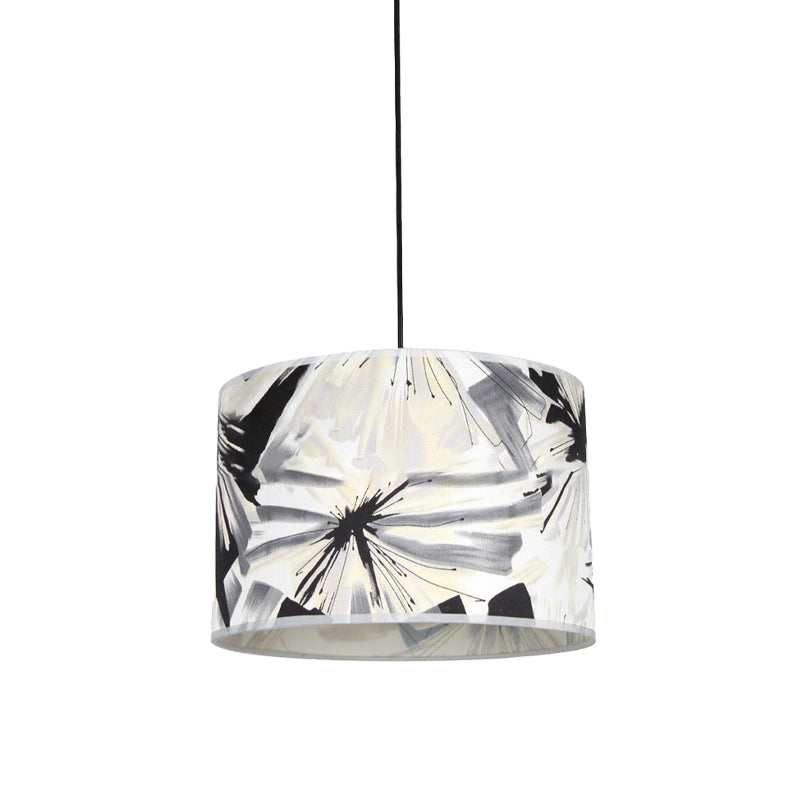 Printed Fabric Drum Shade Pendulum Light Contemporary 1 Bulb Black and White Pendant Lighting Fixture