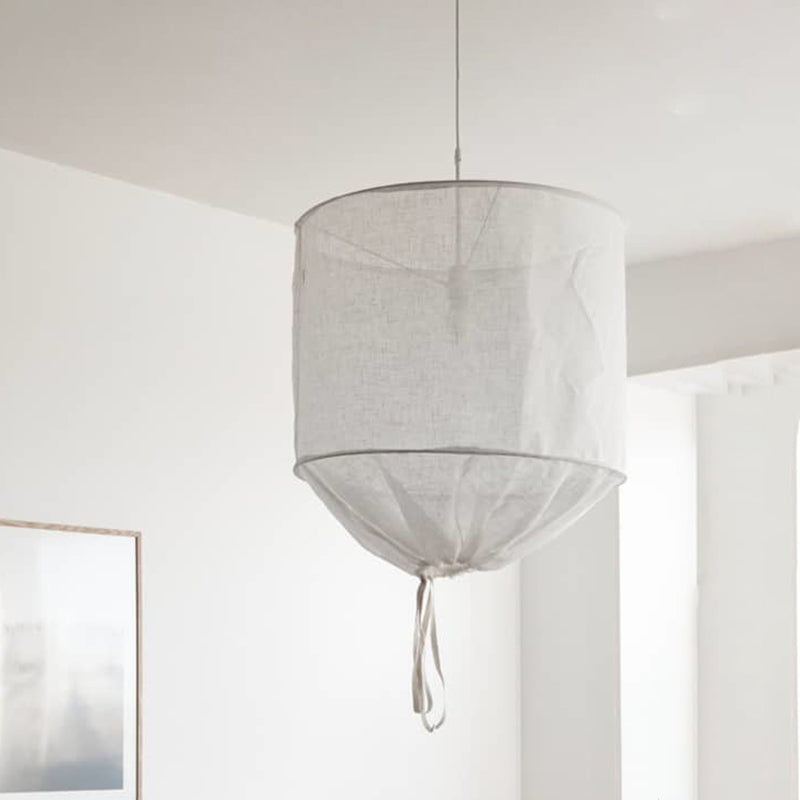 Hand-Worked Barrel Fabric Pendant Lamp Modern 1-Light Flaxen Hanging Ceiling Light with Pull String