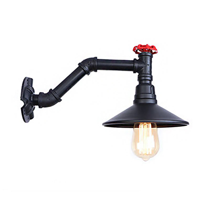 1 Luce murale del tubo a testa con tonalità cono e valvola vintage industriale lampada da parete in metallo nera