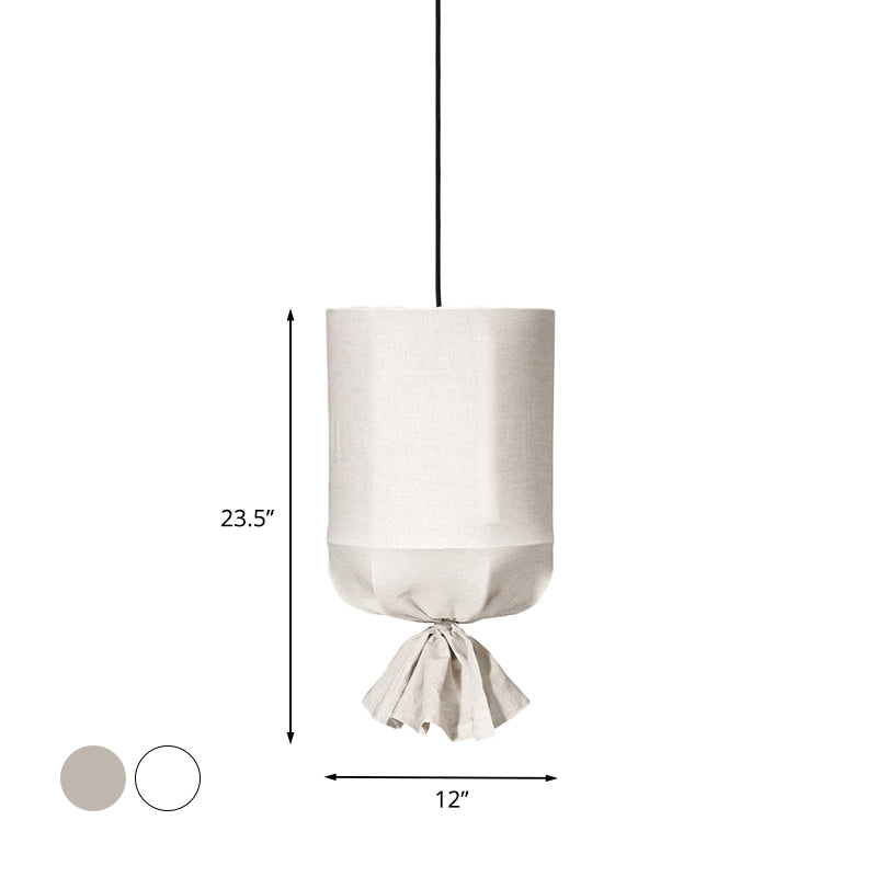 Cylindrical Down Lighting Pendant Minimalist Fabric 1-Light White/Flaxen Ceiling Lamp with Fastener