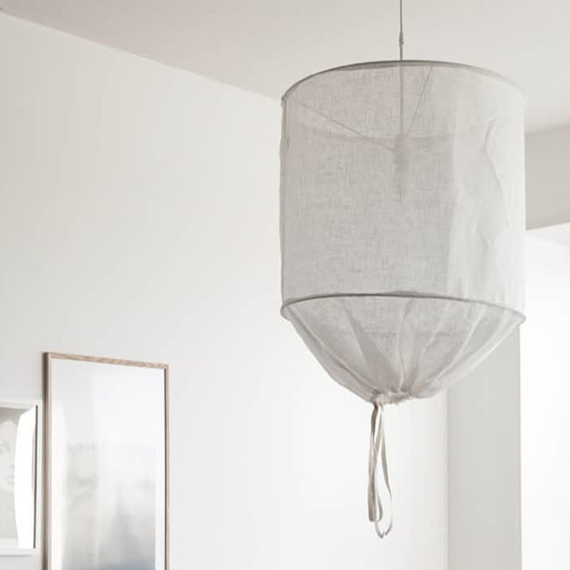Cylindrical Down Lighting Pendant Minimalist Fabric 1-Light White/Flaxen Ceiling Lamp with Fastener