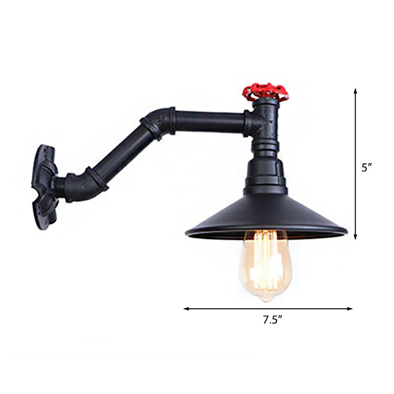 1 Luce murale del tubo a testa con tonalità cono e valvola vintage industriale lampada da parete in metallo nera