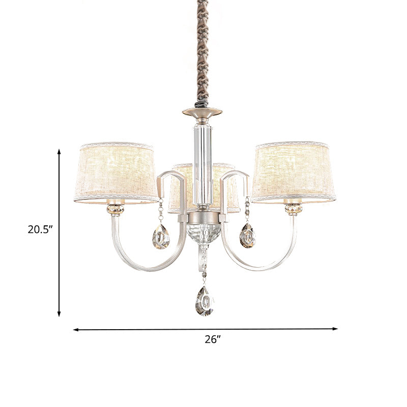 Nickel Swoop Arm Hanging Kronleuchter moderne 3/6 Leuchten Metall -Drop -Lampe mit Flaxen Stoff Shade und K9 Crystal Decor