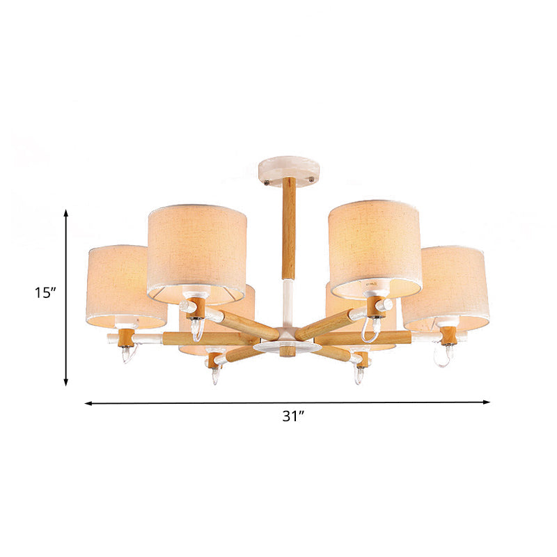 6 Heads Living Room Semi Flush Chandelier Nordic Wooden Ceiling Mount Light with Cylinder Fabric Shade