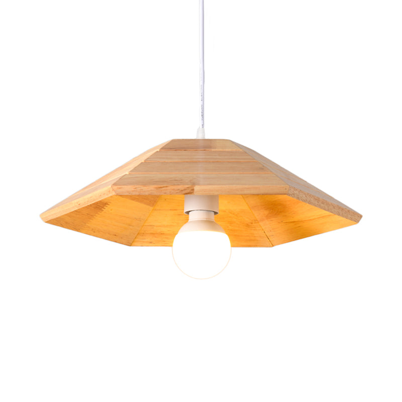 Ridged Flare Pendant Ceiling Light Simple Wooden 1-Light Beige Hanging Lamp Kit over Table