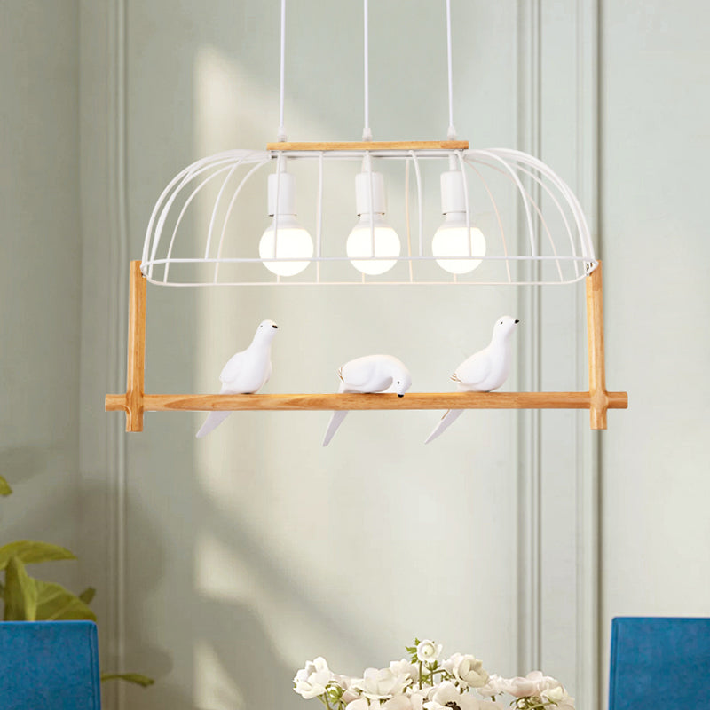 Nordic Style 3-Light Island Pendant Iron White Elongated Cage Hanging Light with Bird and Wood Bird Stand