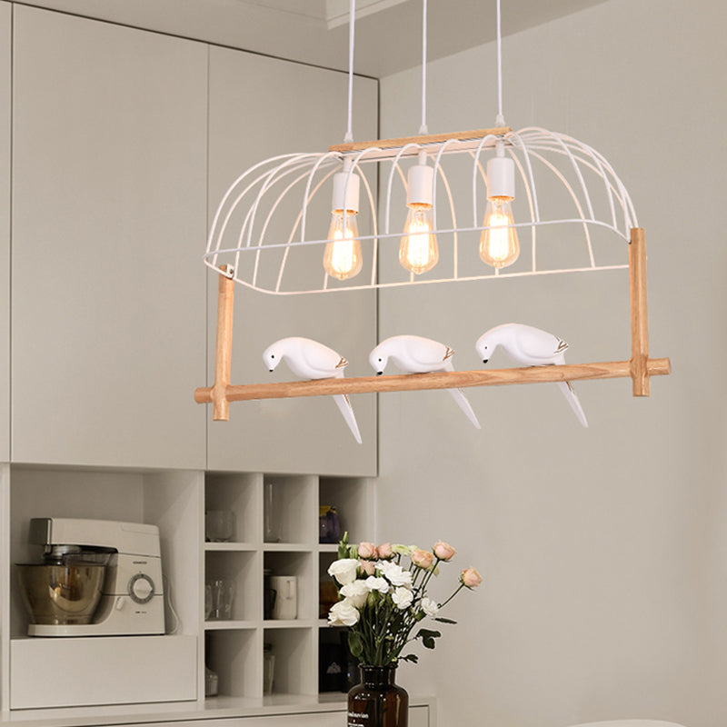 Nordic Style 3-Light Island Pendant Iron White Elongated Cage Hanging Light with Bird and Wood Bird Stand