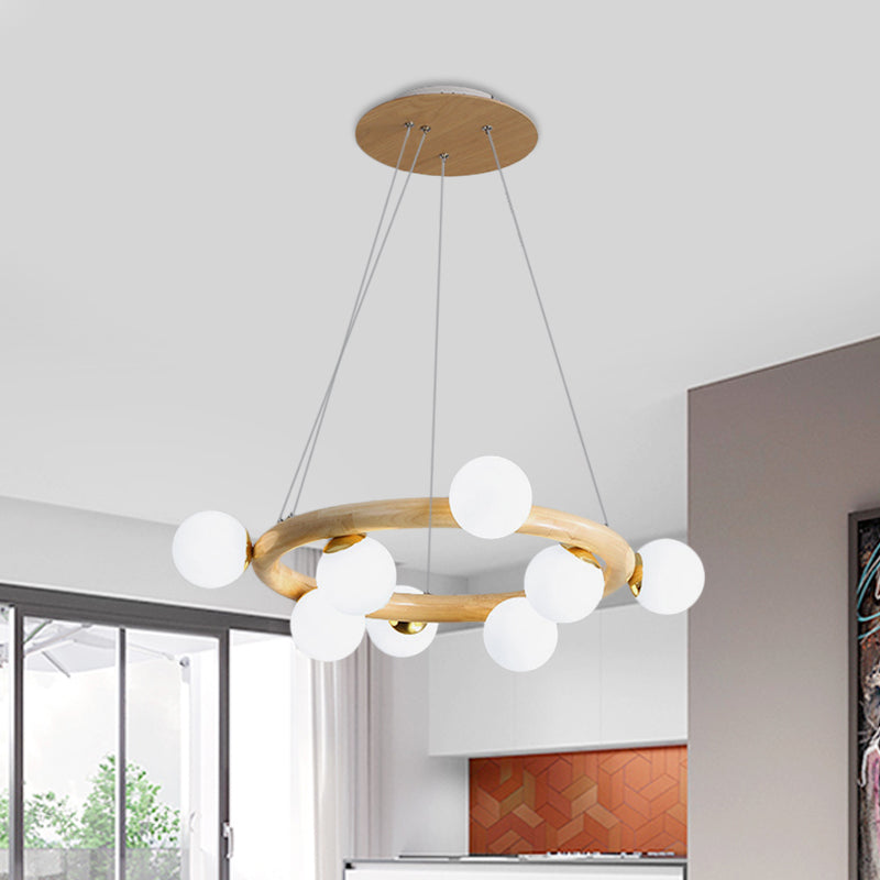 Orbs Opal Matte Glass Chandelier Nordic 8 Bulbs Beige Ceiling Pendant Light with Wood Circle Arm