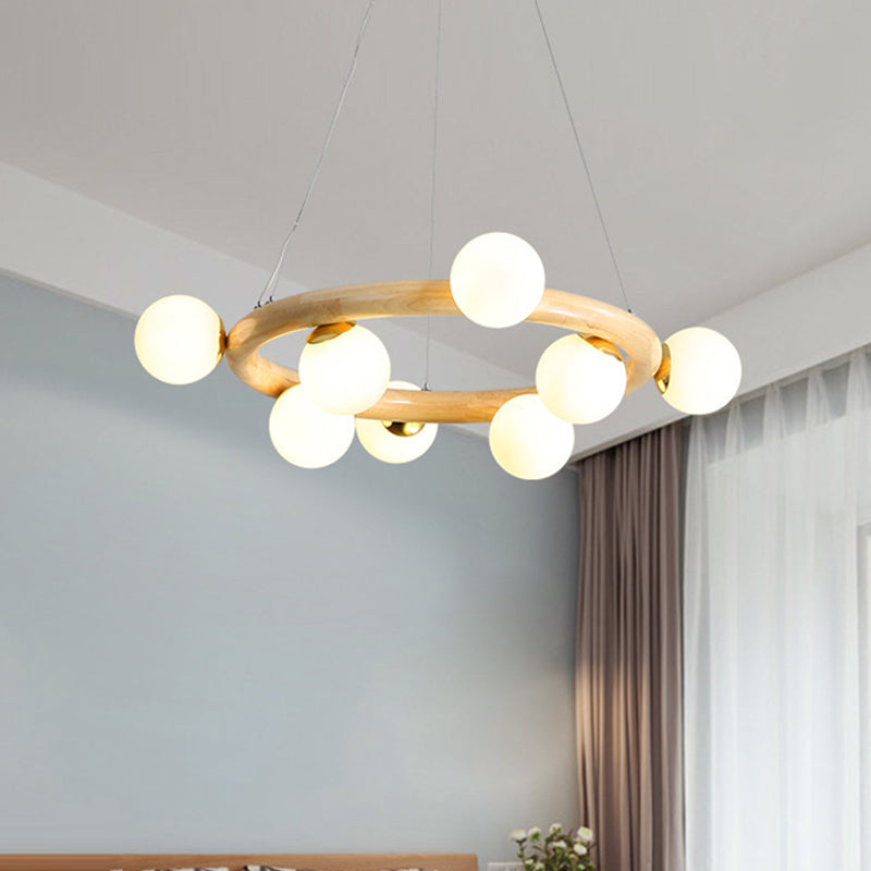 Orbs Opal Matte Glass Chandelier Nordic 8 Bulbs Beige Ceiling Pendant Light with Wood Circle Arm
