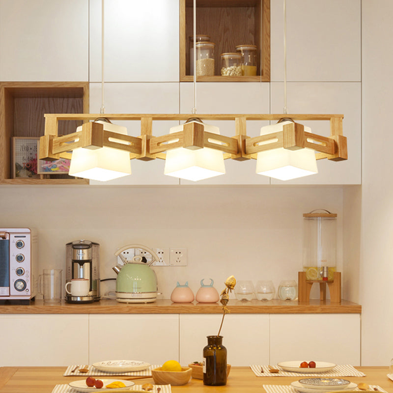 Cubic Milk Frosted Glass Island Lighting Modern 3 Bulbs Beige Pendant Lamp with Wood In-Line Rhombus Cage