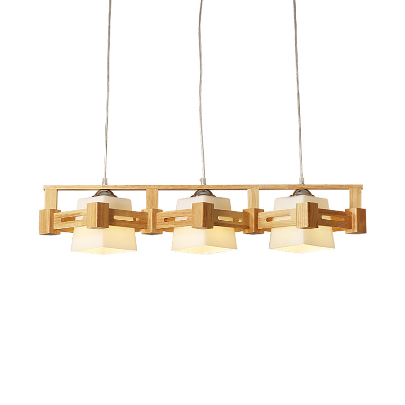 Cubic Milk Frosted Glass Island Lighting Modern 3 Bulbs Beige Pendant Lamp with Wood In-Line Rhombus Cage