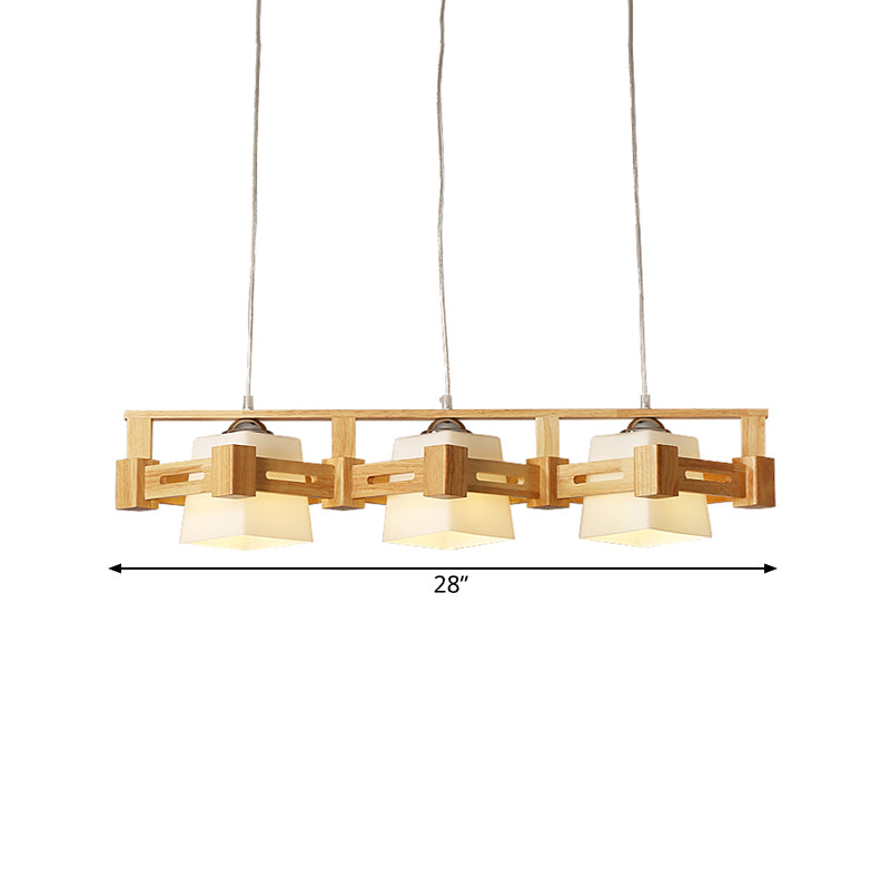 Cubic Milk Frosted Glass Island Lighting Modern 3 Bulbs Beige Pendant Lamp with Wood In-Line Rhombus Cage