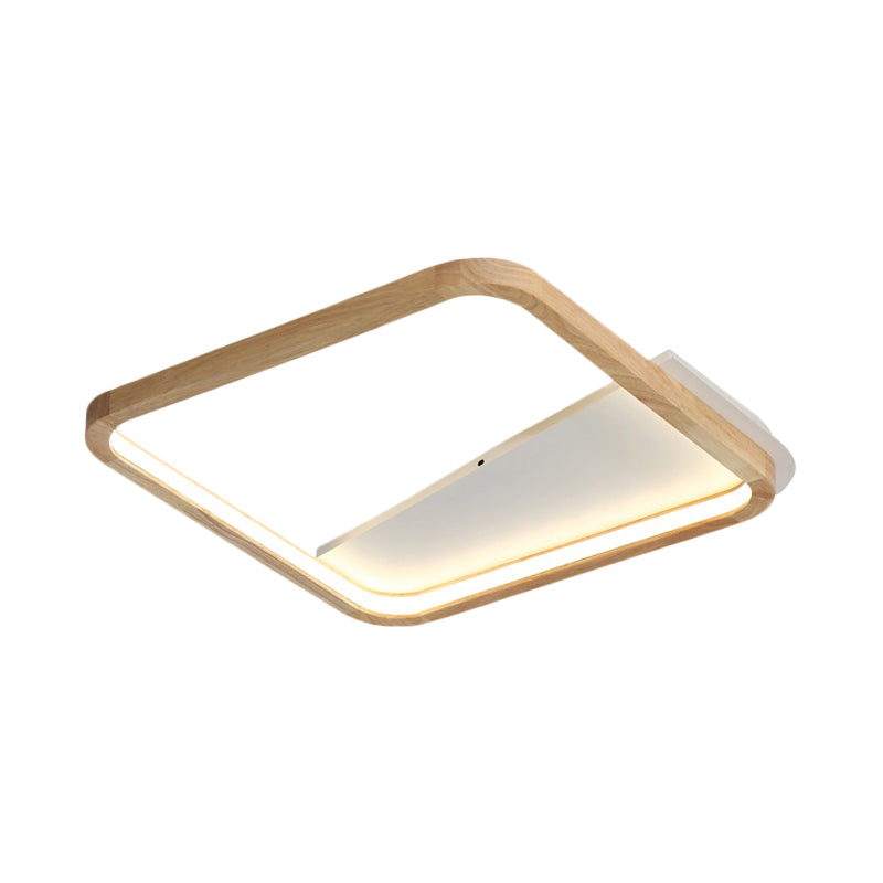 13"/17" Wide Bedroom LED Ceiling Fixture Simple Beige Flush Mount Light with Fillet Square Wood Frame