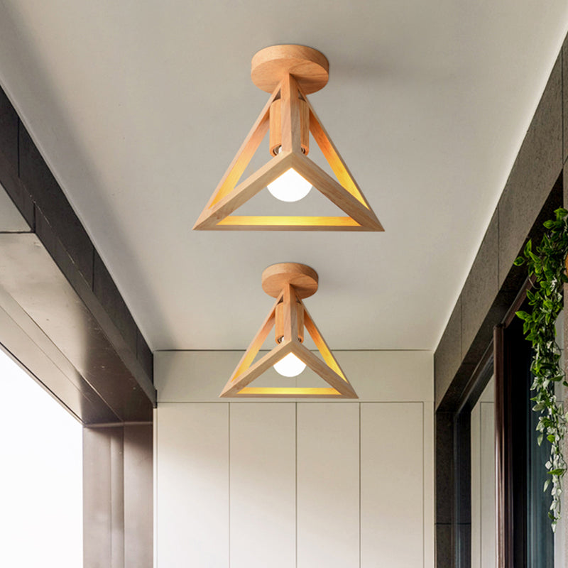 1-Light Foyer Semi Mount Lighting Minimalist Beige Ceiling Flush Light with Pyramid Wood Cage
