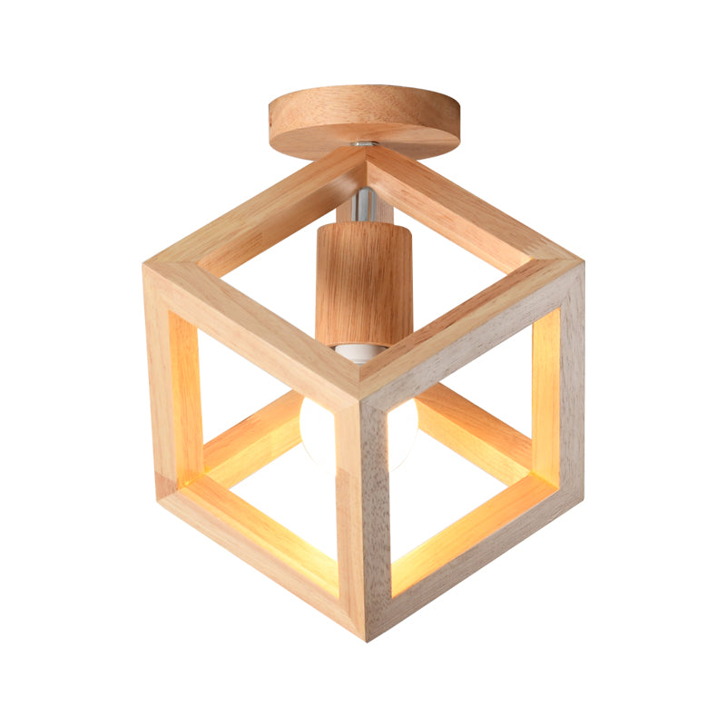 Jaula de cubo de madera, luz semi empotrada, nórdica, 1 bombilla, accesorio de iluminación montado en el techo, color beige, para pasillo