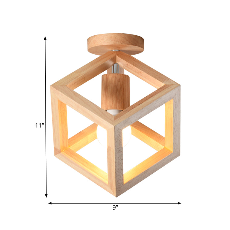 Jaula de cubo de madera, luz semi empotrada, nórdica, 1 bombilla, accesorio de iluminación montado en el techo, color beige, para pasillo