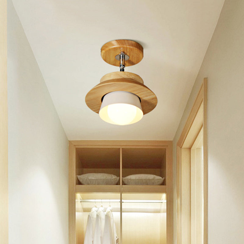 Small Wood Cap Rotatable Ceiling Lamp Minimalist 1 Head Semi Flush Mount Fixture with Inserted White Lampshade