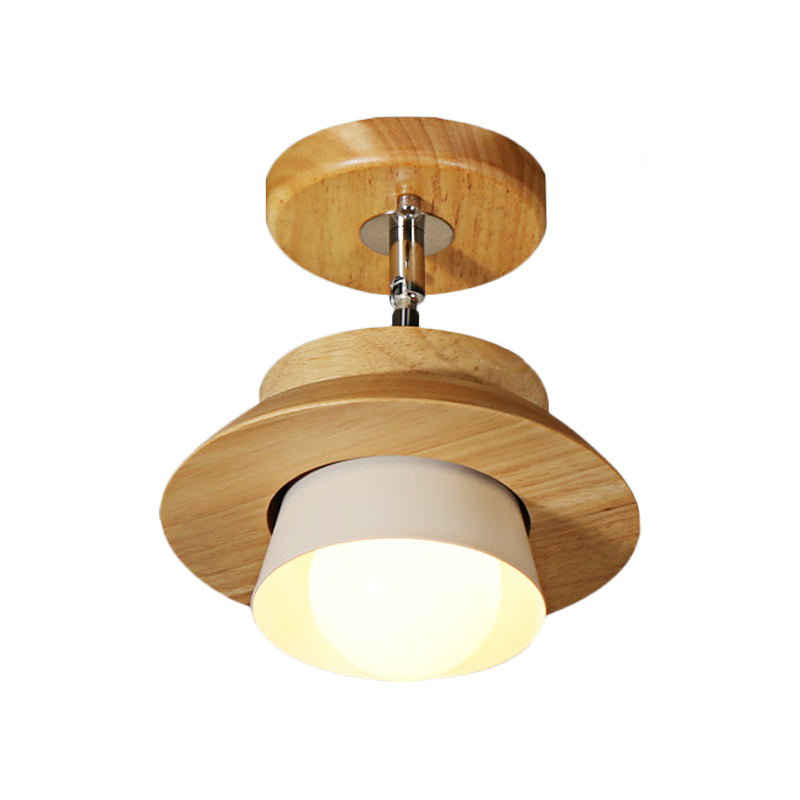 Small Wood Cap Rotatable Ceiling Lamp Minimalist 1 Head Semi Flush Mount Fixture with Inserted White Lampshade