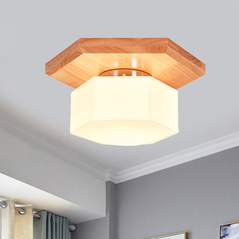 Cream Glass Hexagon Flush Ceiling Light Nordic 1 Light Flushmount Lighting with Wood Canopy