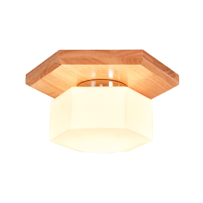 Cream Glass Hexagon Flush Ceiling Light Nordic 1 Light Flushmount Lighting with Wood Canopy