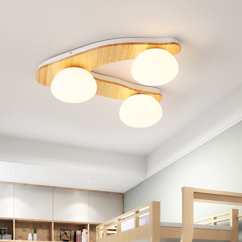 Modern 3-Light Ceiling Lighting Wood Beige Tree Fork Flush Mount Light with Ball White Glass Shade