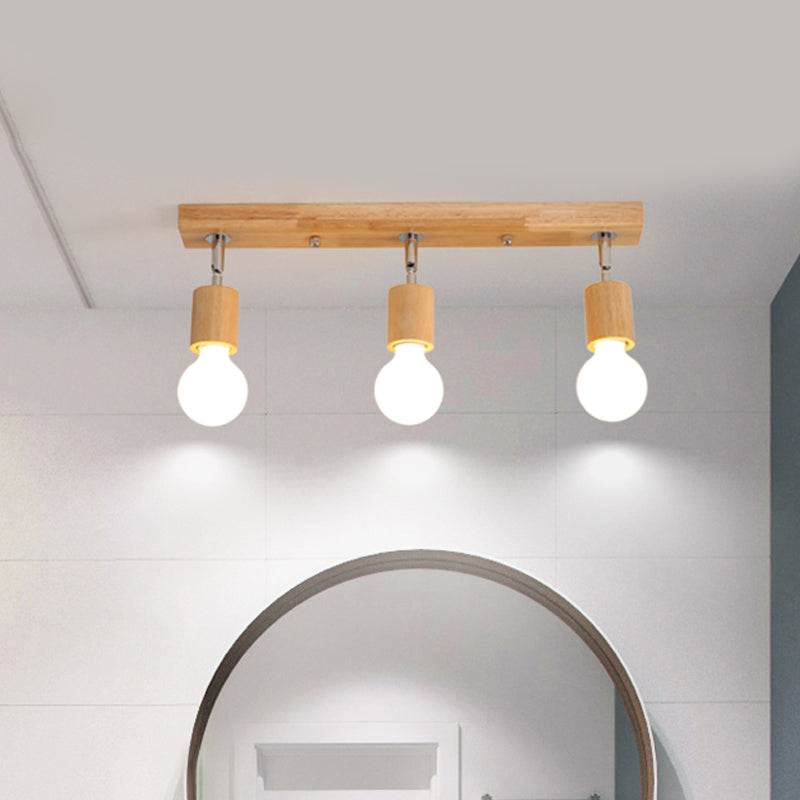 Lampada da soffitto da incasso lineare girevole in legno asiatico a 3 teste, lampada da incasso per bagno con design a lampadina nuda