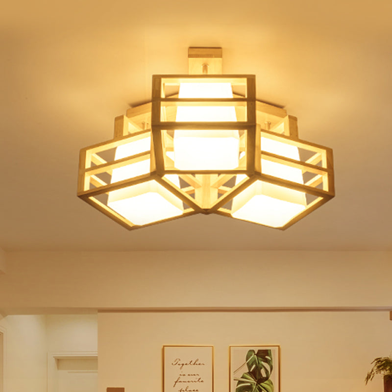 Opaline matglas kubus plafondlicht modern 3 koppen beige semi -spoelbevestiging verlichting met houten kooisacht