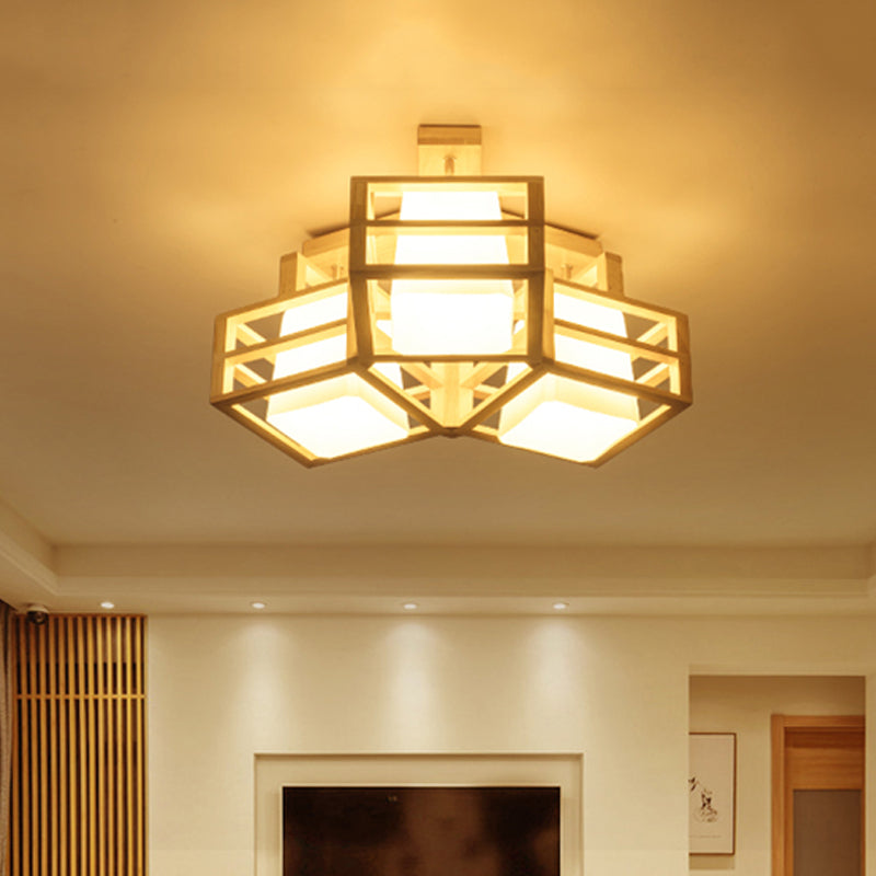 Opaline matglas kubus plafondlicht modern 3 koppen beige semi -spoelbevestiging verlichting met houten kooisacht