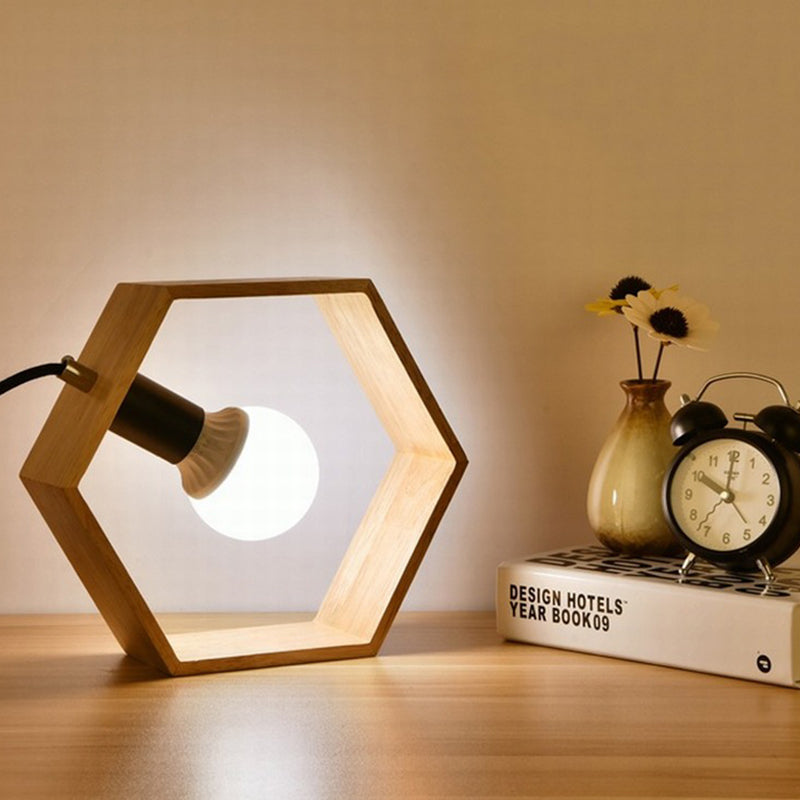 Iluminación de mesa individual minimalista de soporte de madera hexagonía con diseño de bombilla desnuda