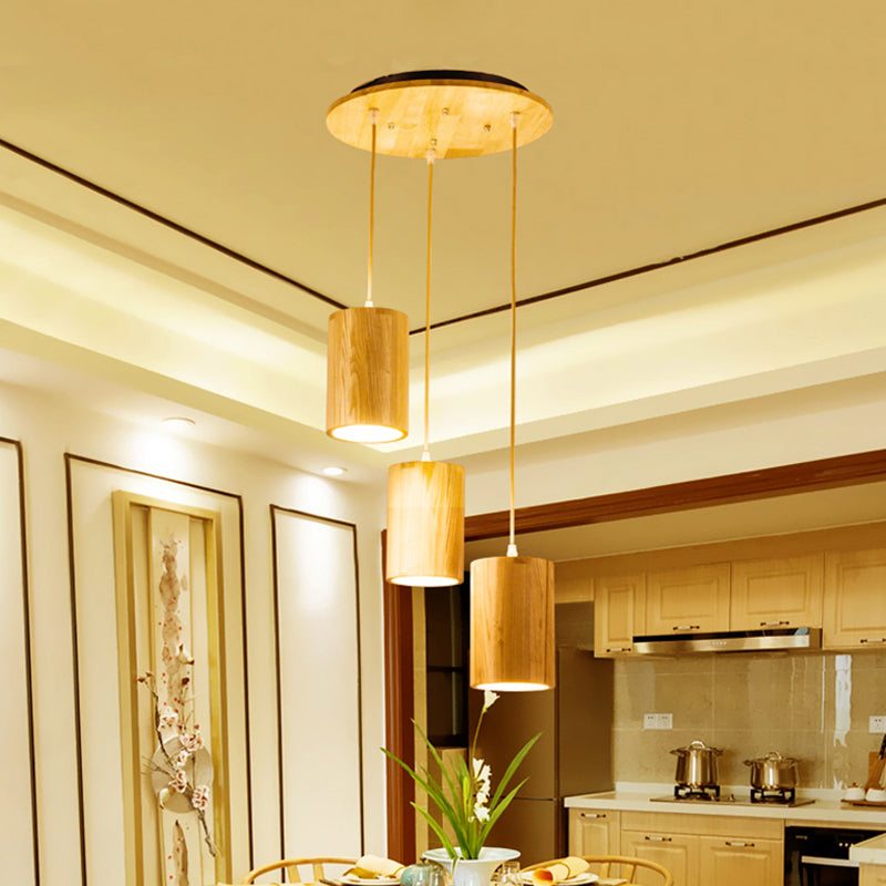 Säule Multi-Pendant Cottage Wood 3 Köpfe Esstisch-Federbeleuchtung mit Höhenanpassungsdesign