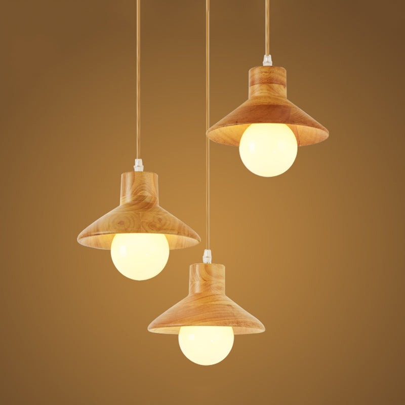 Beige Flare Multiple Hanging Light Nordic 3 Bulbs Natural Wood Ceiling Pendant over Dining Table