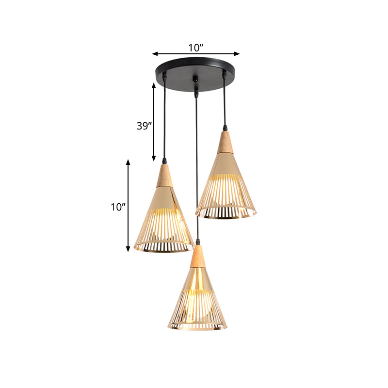 Deep Cone Cage Pendant Lighting Modern Wooden 3-Light Gold Multi Light Ceiling Light
