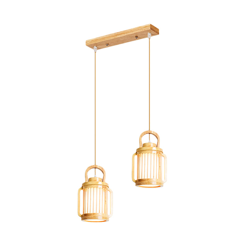 Noordse 2 koppen hangende lamp beige waterkan multi -light hanger verlichting met houten schaduw